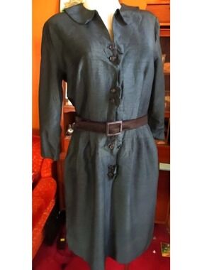 True Vintage Dress 1950's 10 Green Long-Sleeve Belt Button Librarian Secretary